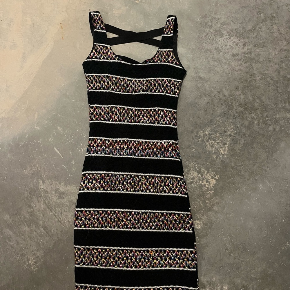 Reverse Black and Multicolor Striped Bodycon mini Dress
